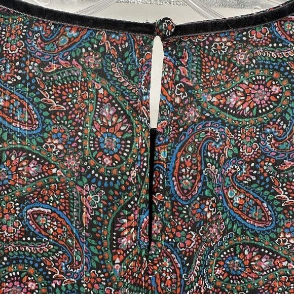 LOFT Shimmer Paisley Velvet Trim Swing Dress XS Black Long Sleeve Ruffle Cuff - Picture 9 of 11